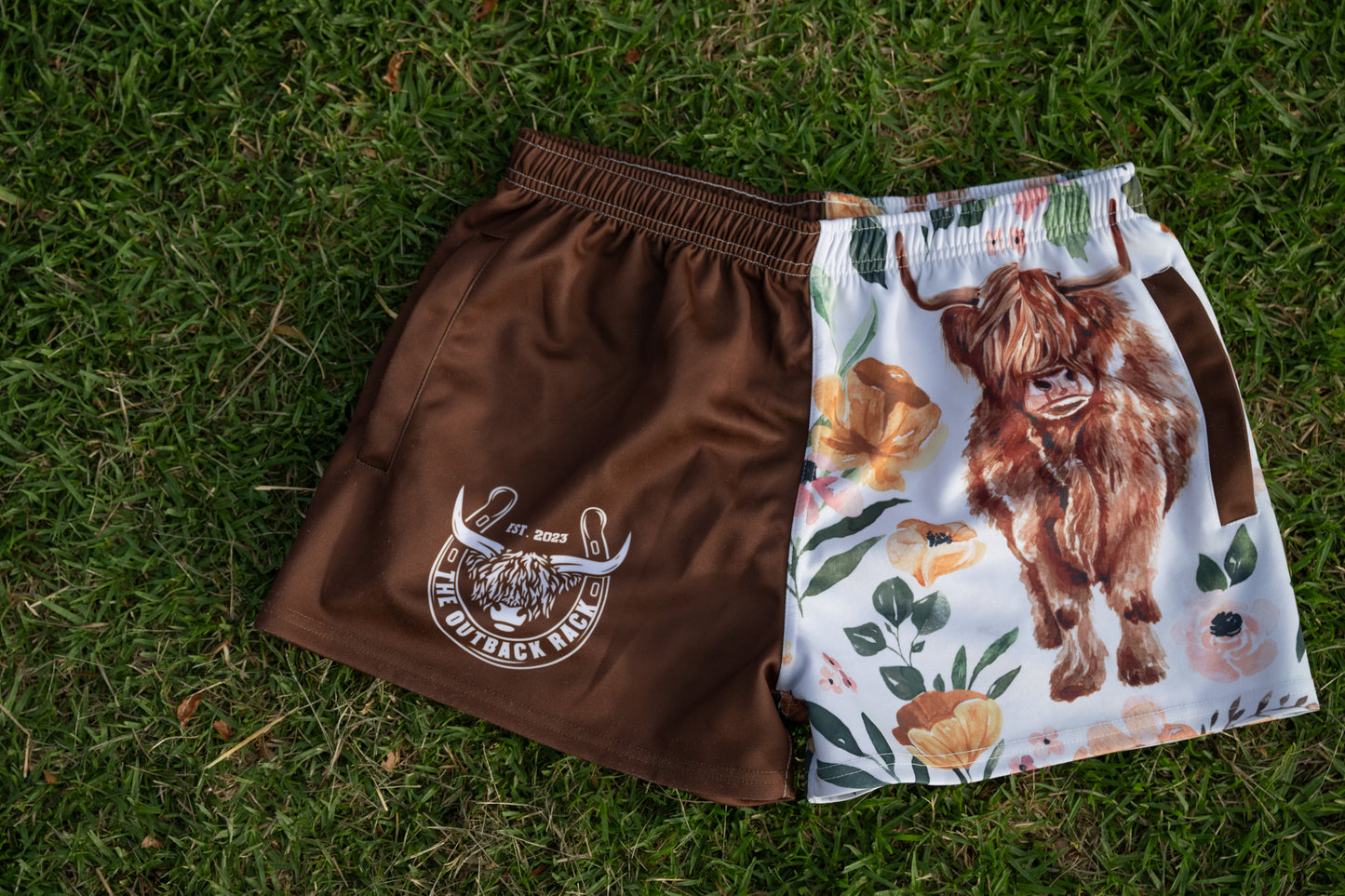 Women's Footy Shorts - Blossom Highland Cow