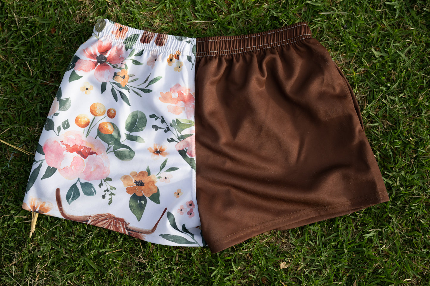 Women's Footy Shorts - Blossom Highland Cow